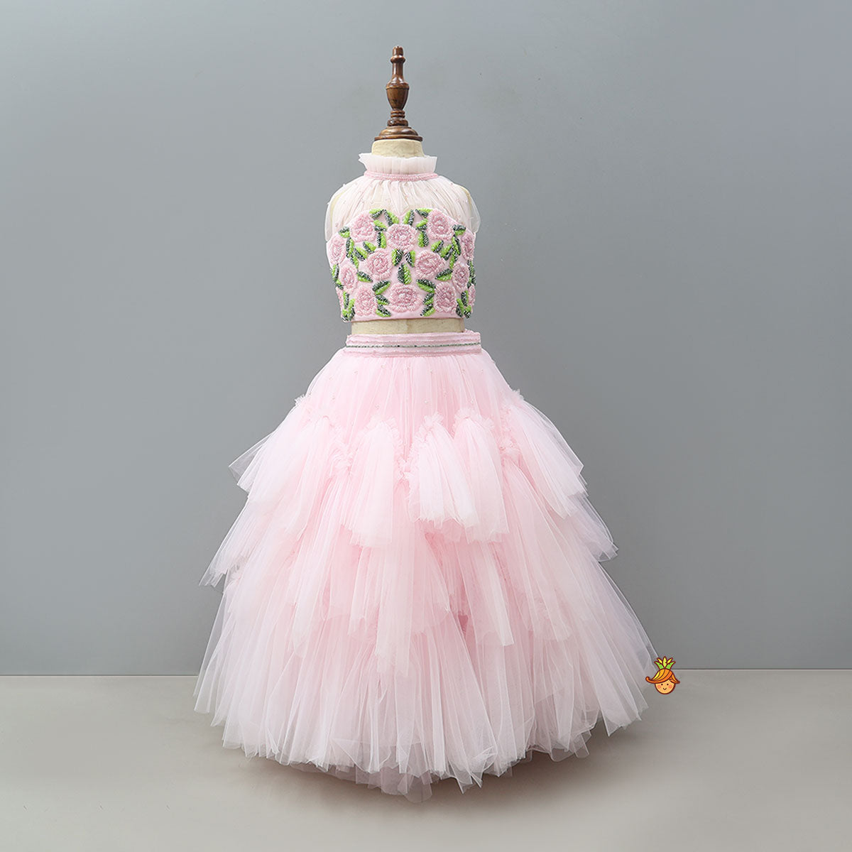 Halter Neck Embroidered Crop Top And Layered Net Lehenga