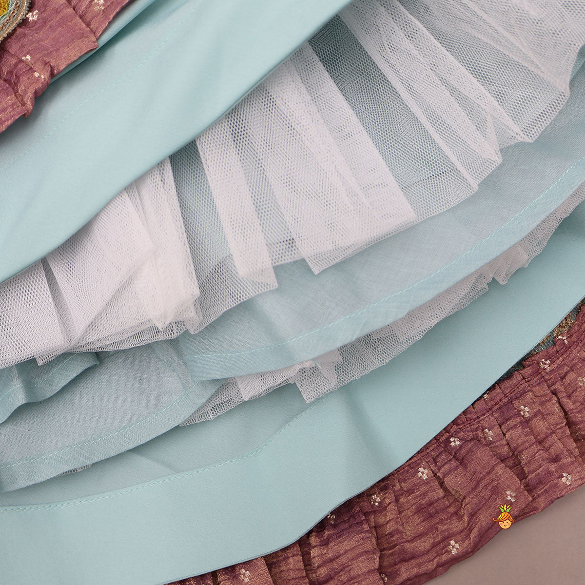 Pre Order: Gorgeous V Neck Top And Shimmery Lehenga With Matching Net Dupatta