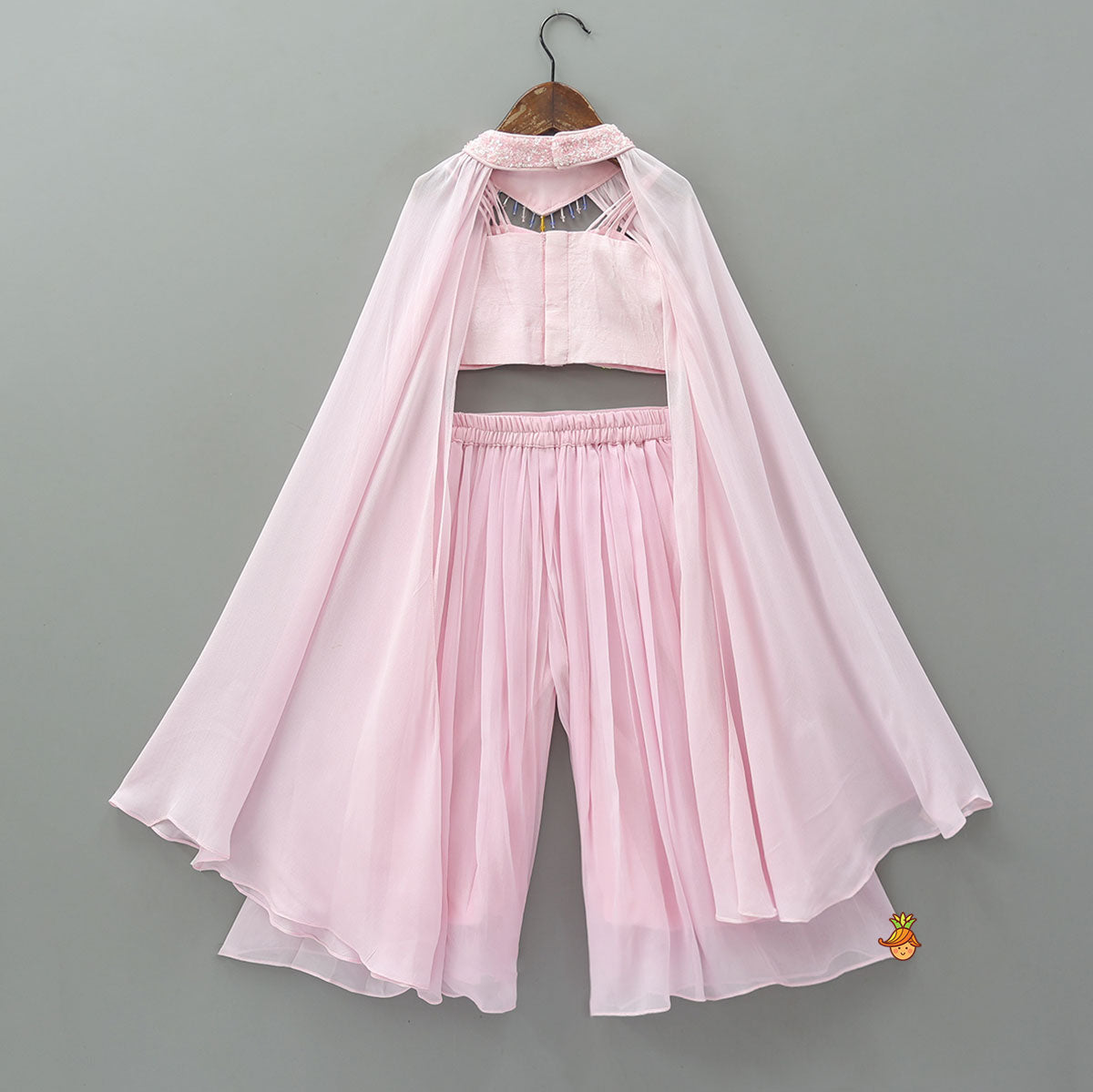 Pre Order: Embroidered Cape-Style Crop Top And Flared Palazzo