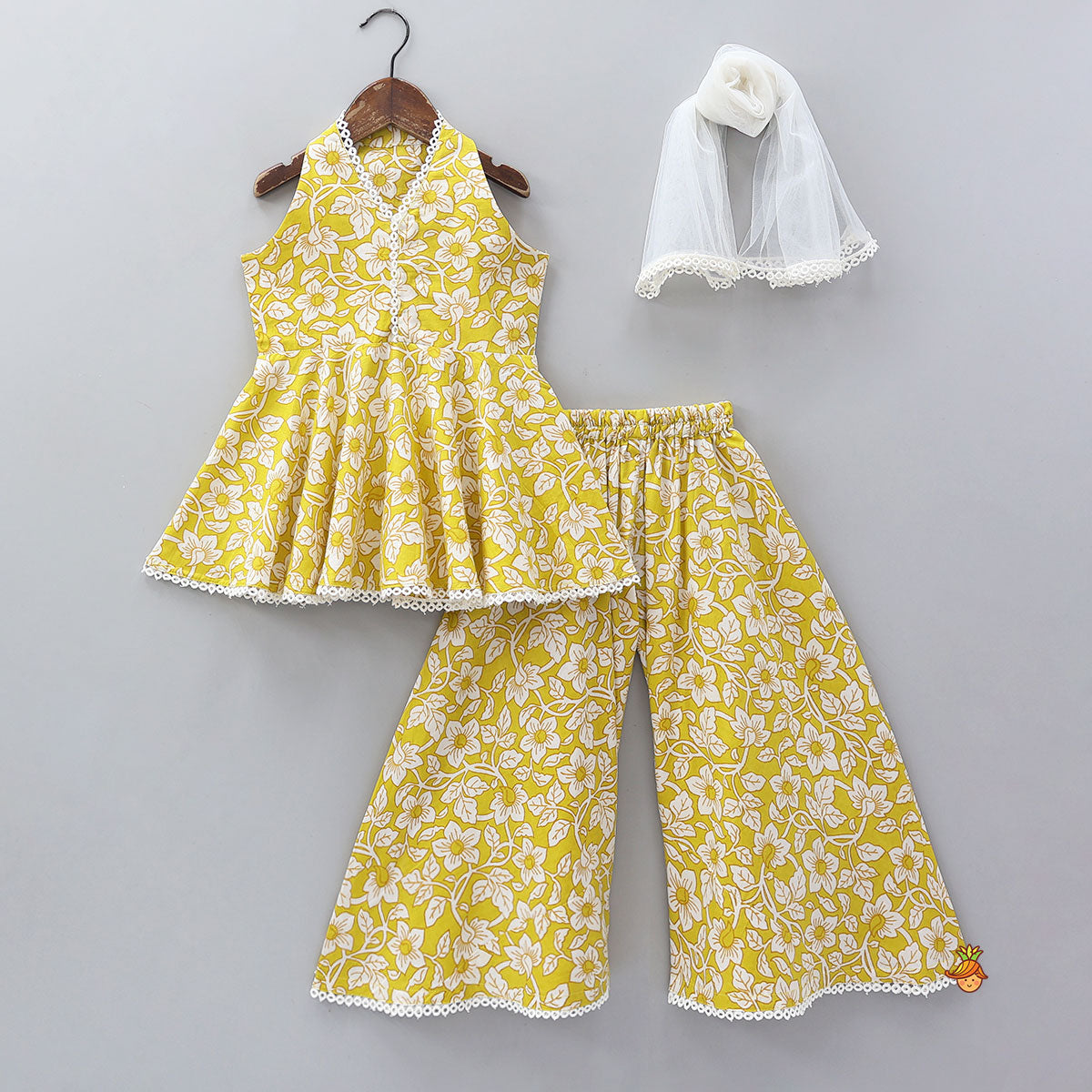 Pre Order: Sleeveless Printed Cotton Kurti And Flared Palazzo With Net Dupatta