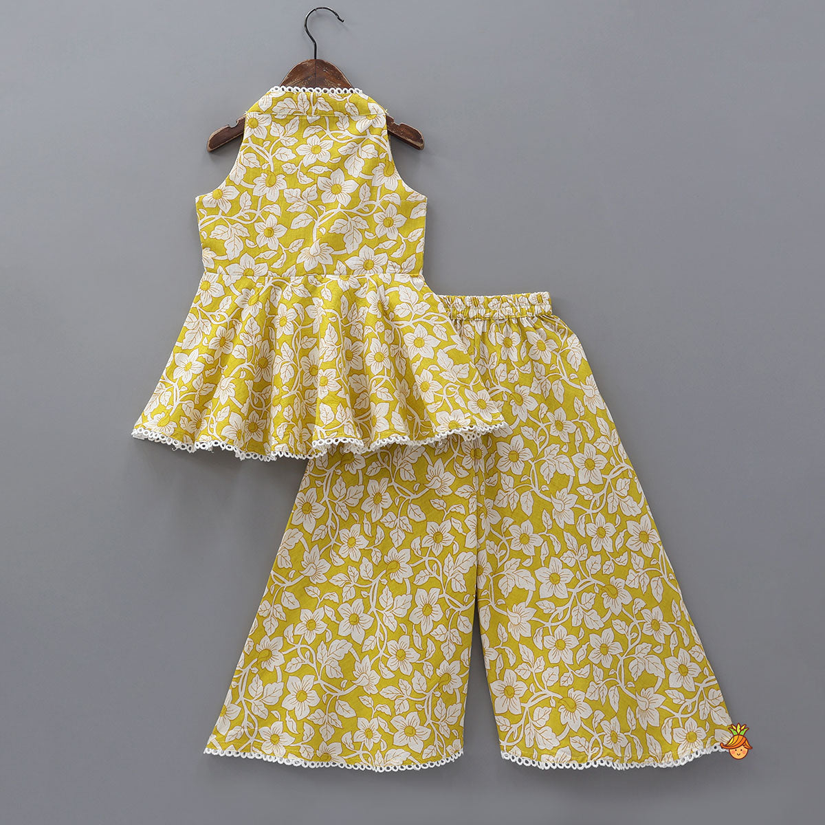 Pre Order: Sleeveless Printed Cotton Kurti And Flared Palazzo With Net Dupatta