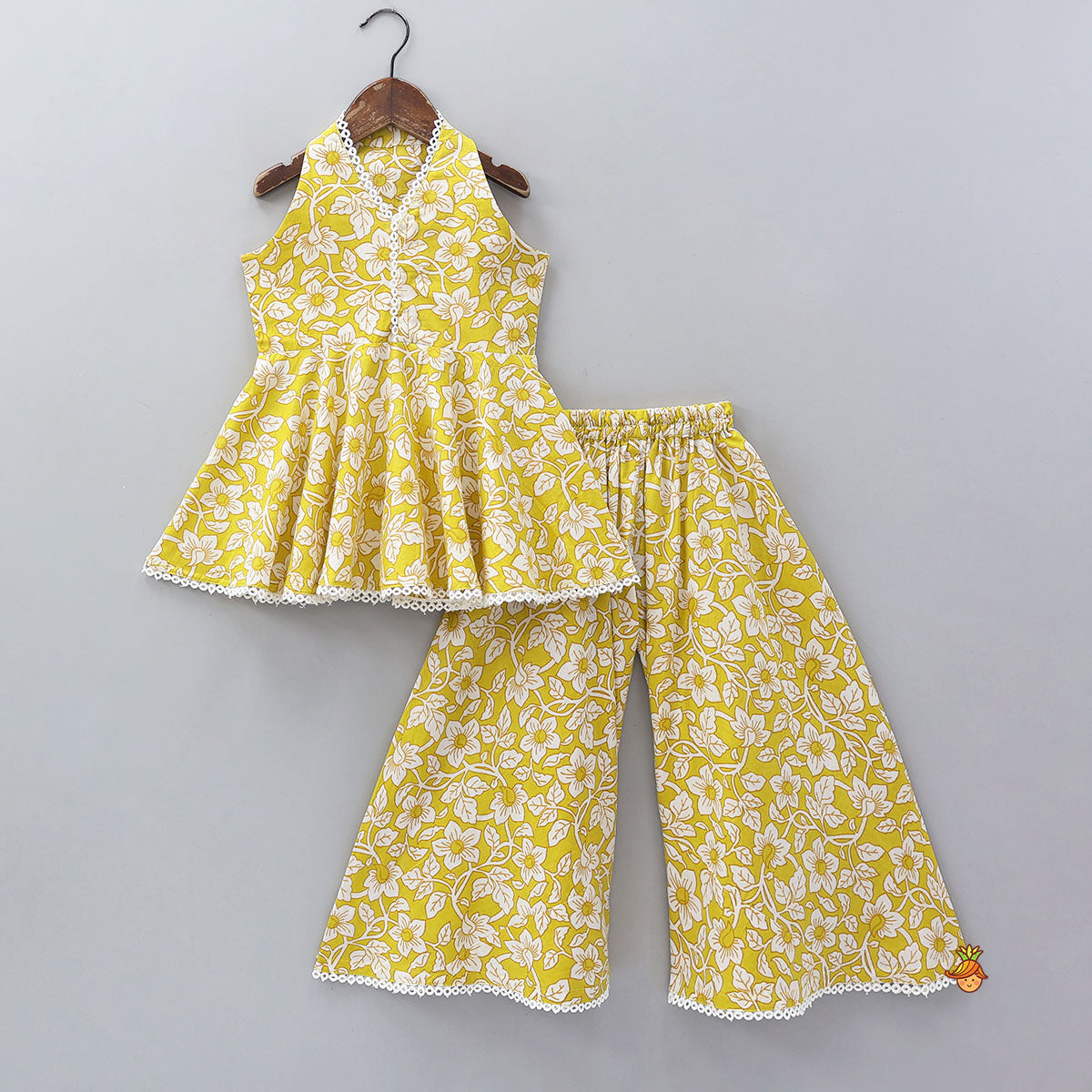 Pre Order: Sleeveless Printed Cotton Kurti And Flared Palazzo With Net Dupatta