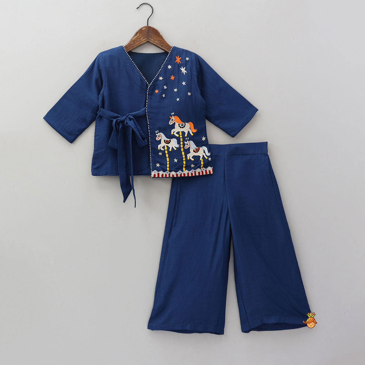 Pre Order: Front Open Tie-Up Embroidered Top And Palazzo Pant