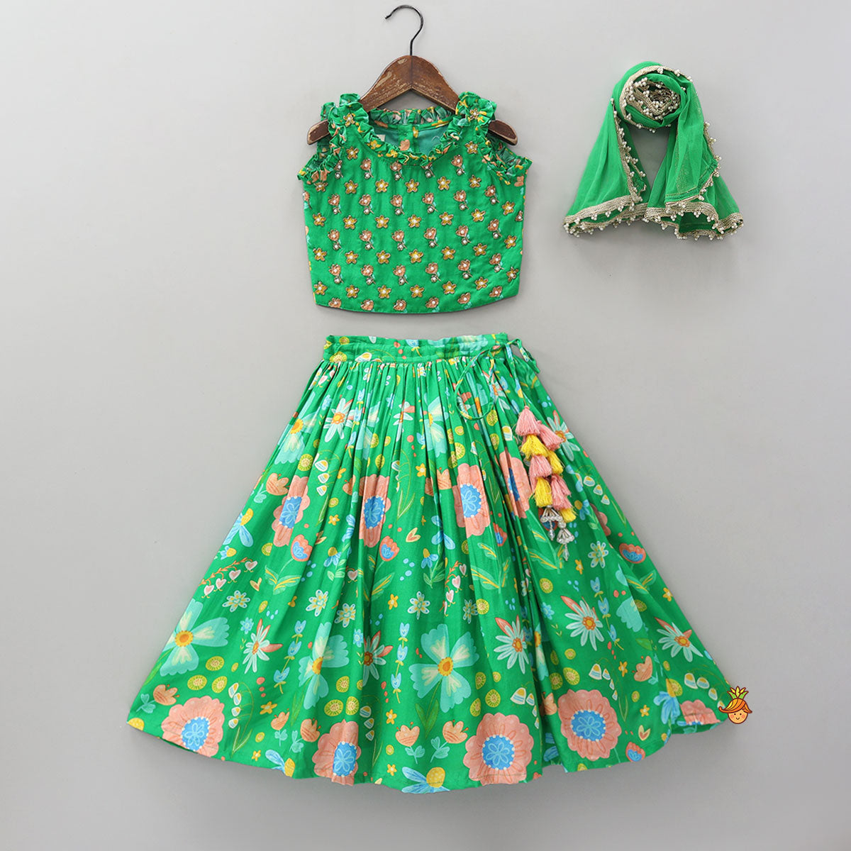 Pre Order: Frilled Neckline Crop Top And Lehenga With Matching Net Dupatta