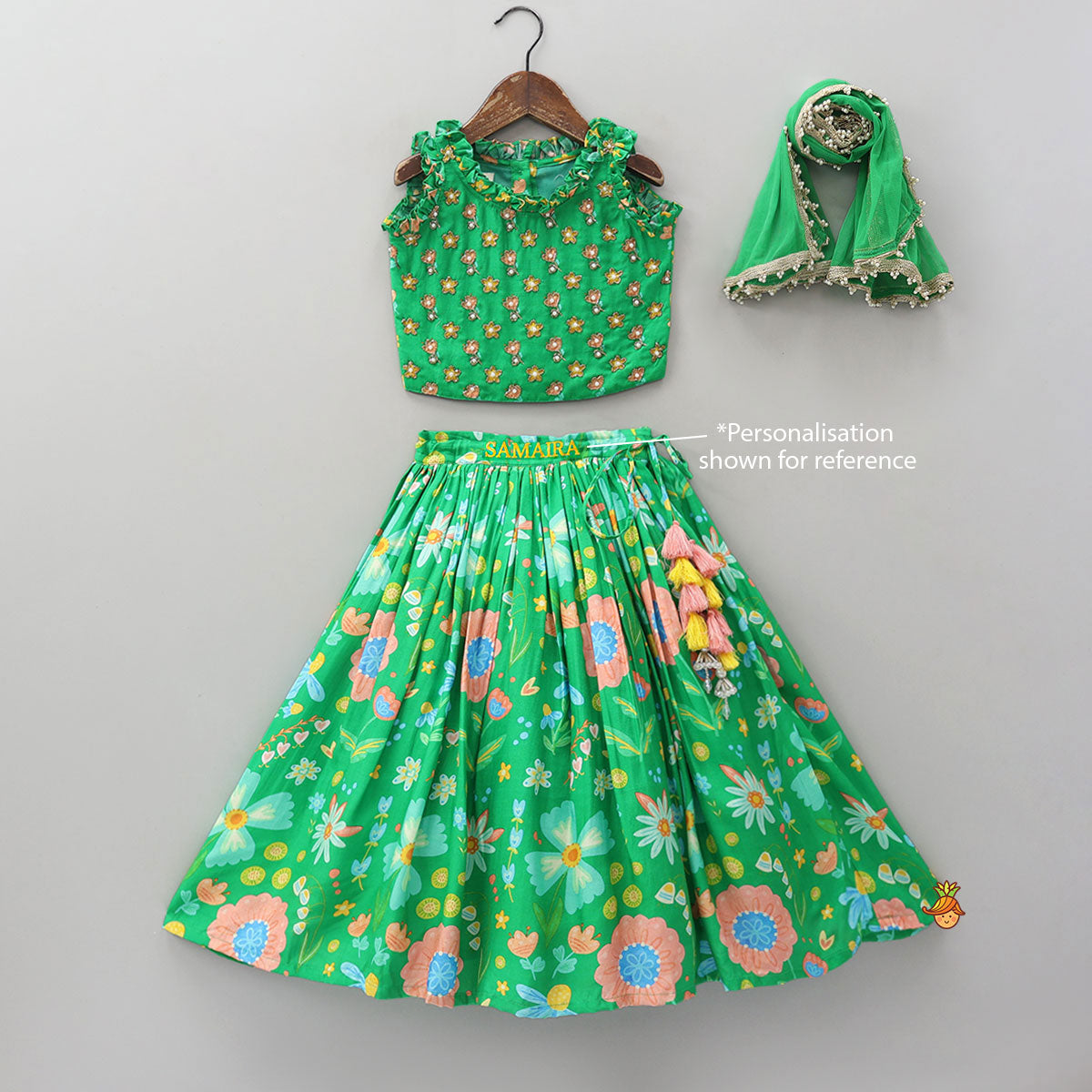 Pre Order: Frilled Neckline Crop Top And Lehenga With Matching Net Dupatta