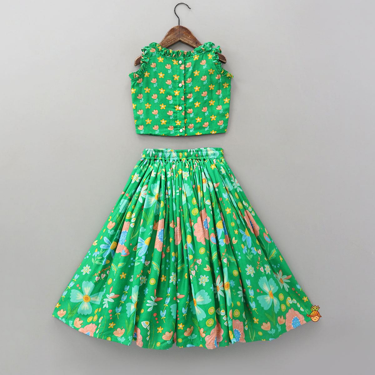 Pre Order: Frilled Neckline Crop Top And Lehenga With Matching Net Dupatta