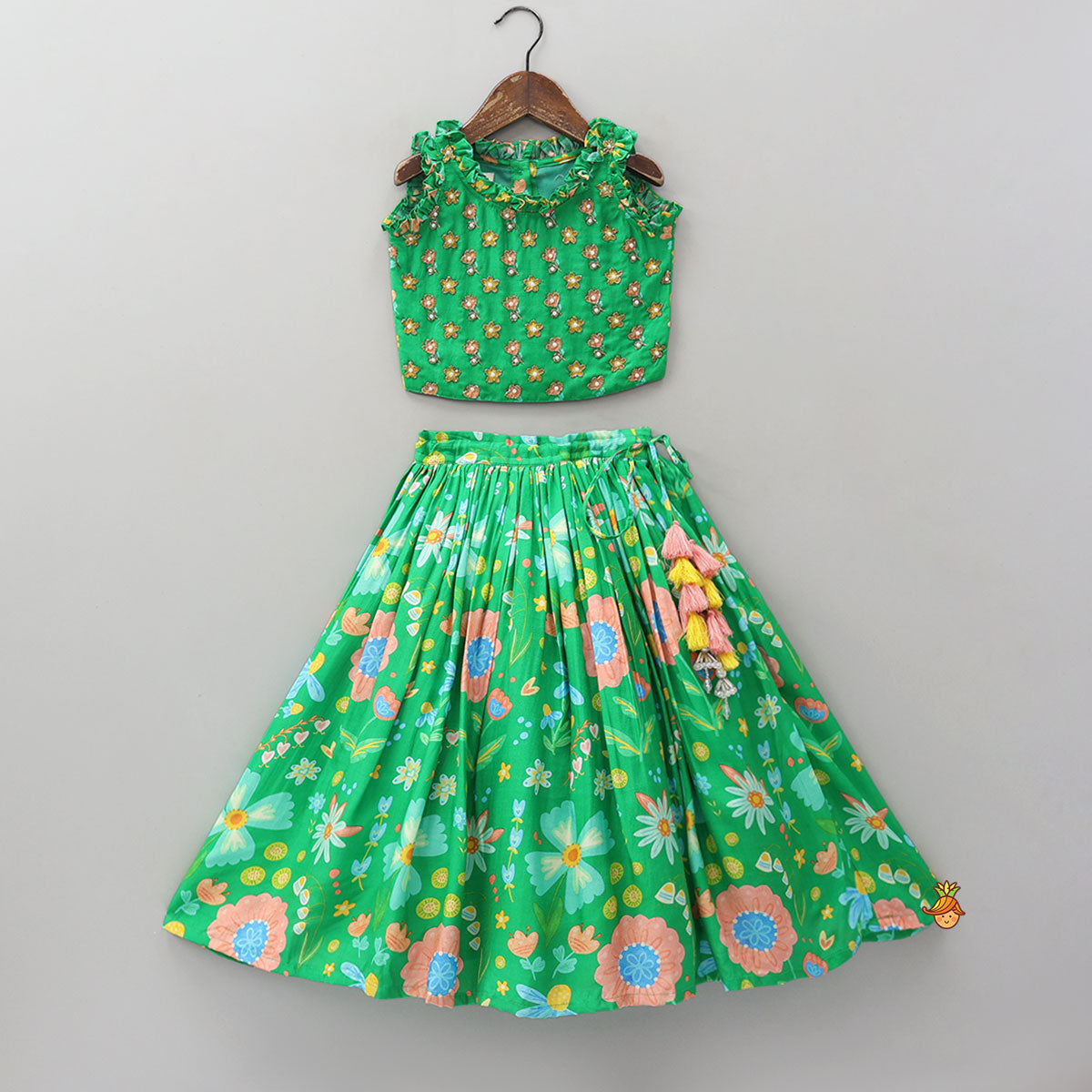 Pre Order: Frilled Neckline Crop Top And Lehenga With Matching Net Dupatta