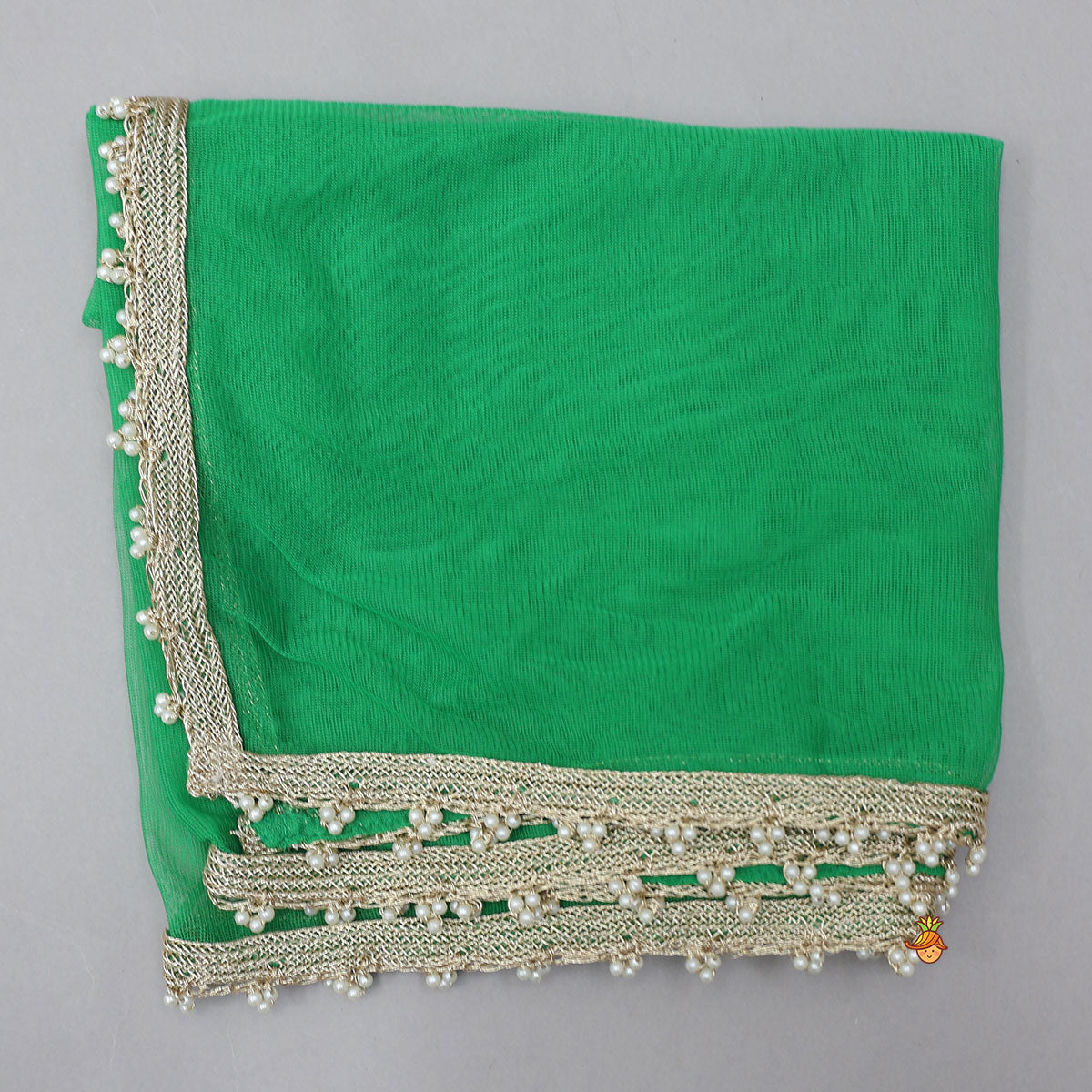 Pre Order: Frilled Neckline Crop Top And Lehenga With Matching Net Dupatta