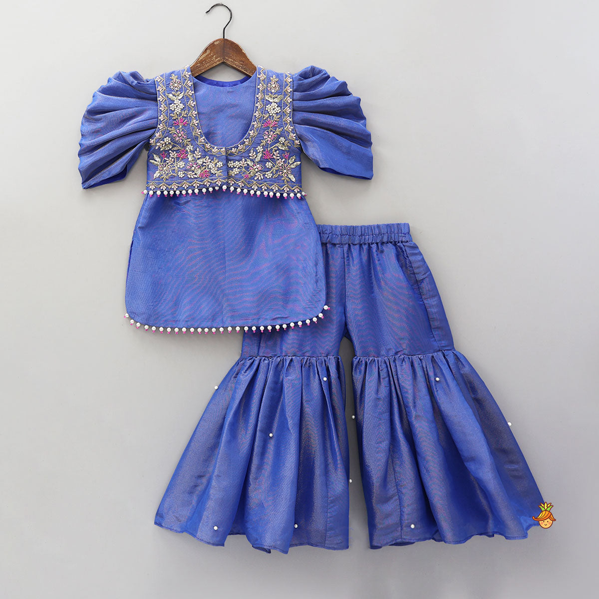 Adorable Shimmery Kurti With Embroidered Jacket And Flared Sharara