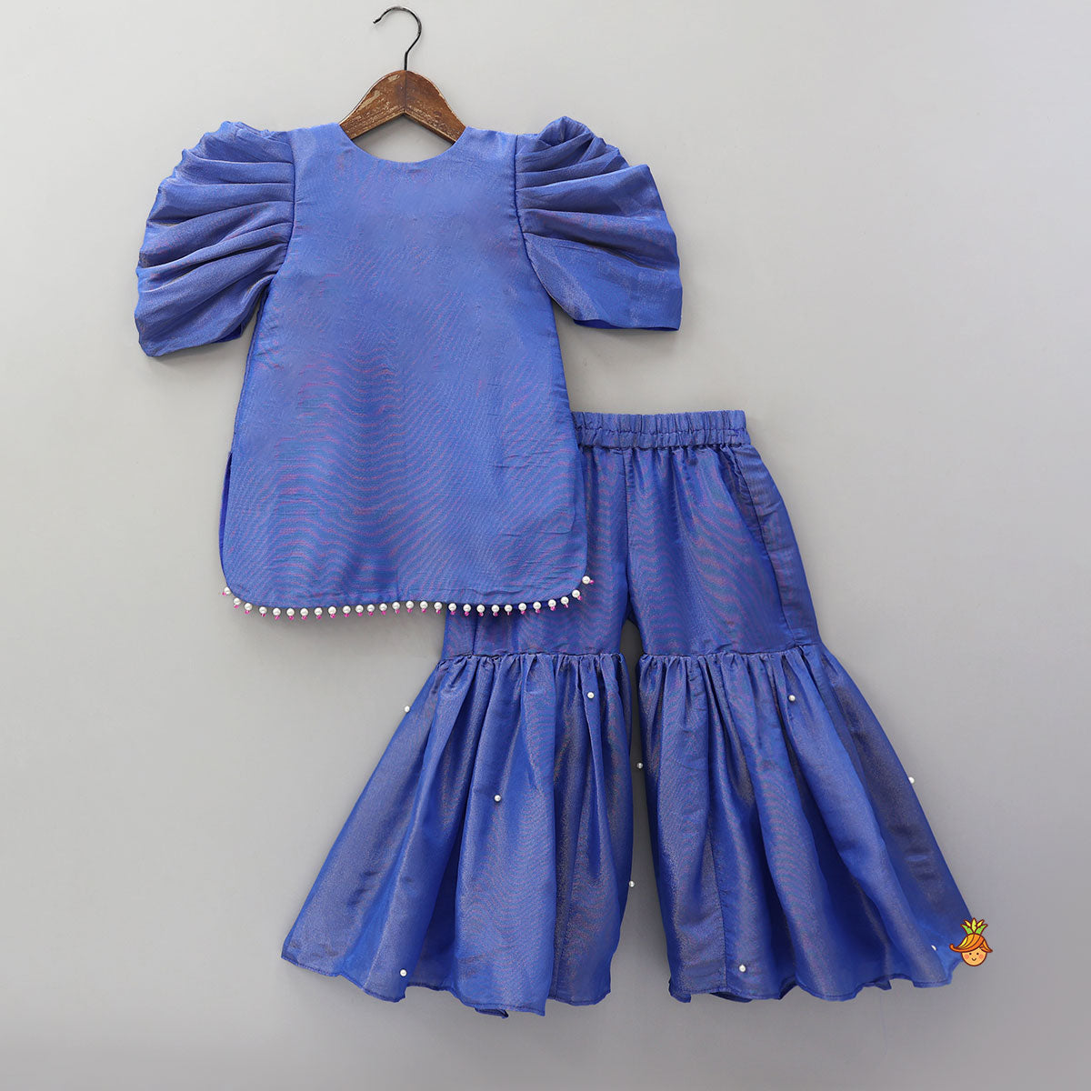 Adorable Shimmery Kurti With Embroidered Jacket And Flared Sharara