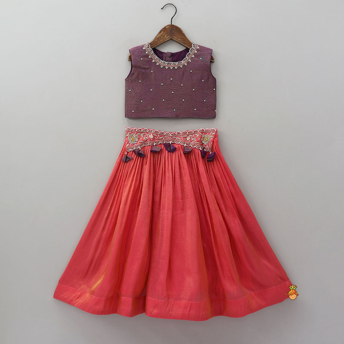Contrasting Shimmery Crop Top With Embroidered Jacket And Lehenga