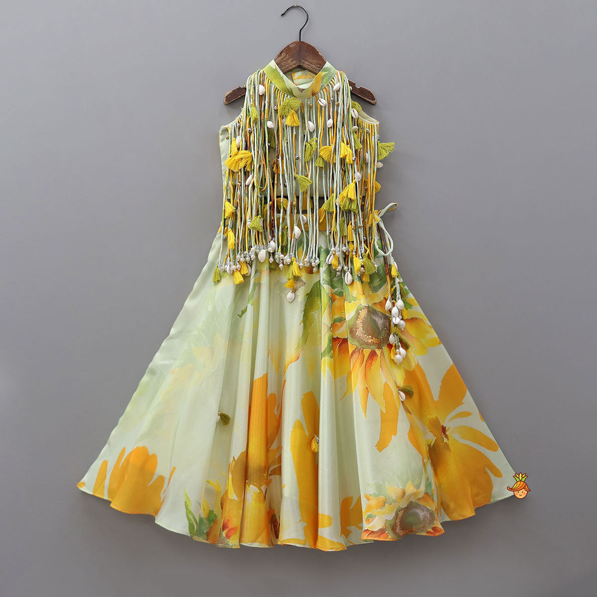 Multiple Hanging Tassel Detail Crop Top And Lehenga