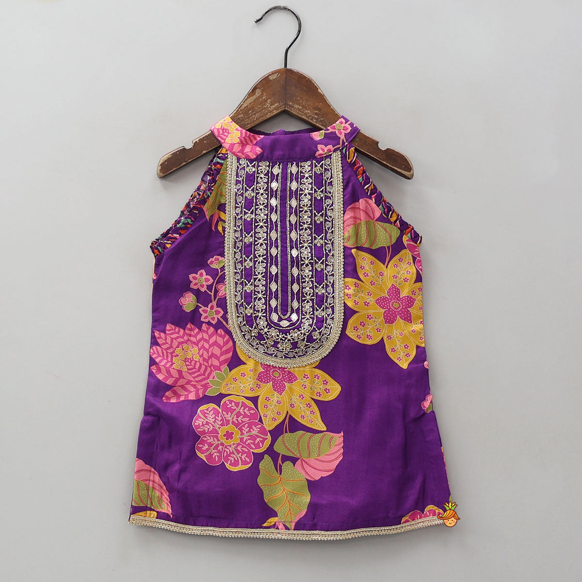 Pre Order: Yoke Embroidered Sleeveless Kurti And Striped Palazzo With Net Dupatta