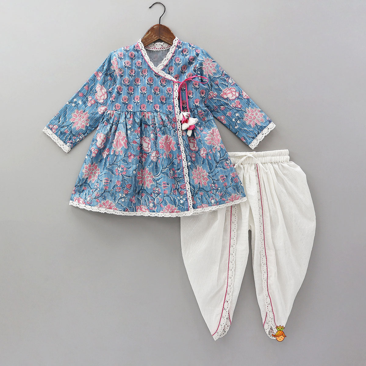 Pre Order: Lurex Striped Hand Block Printed Angarkha Kurti And Dhoti
