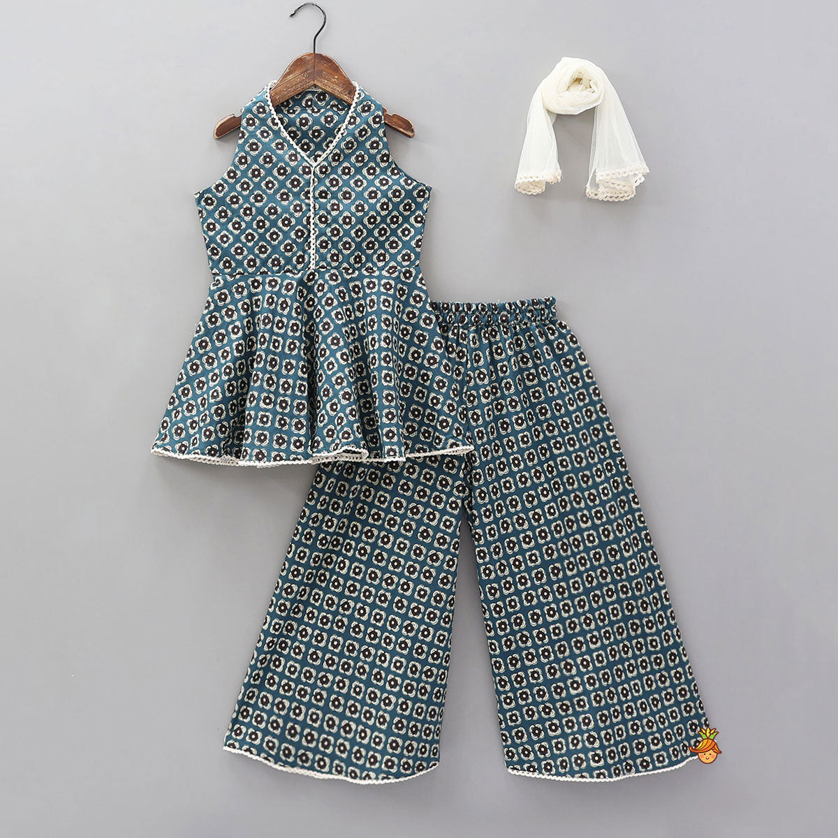 Sleeveless Printed Cotton Kurti And Flared Palazzo With Contrasting Dupatta