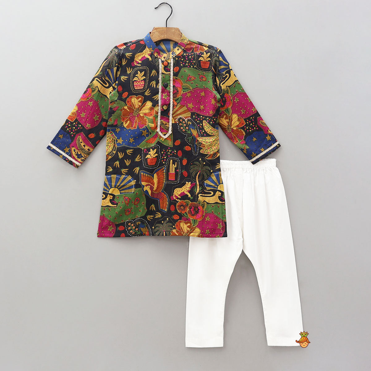 Pre Order: Lace Work Printed Kurta With Pyjama