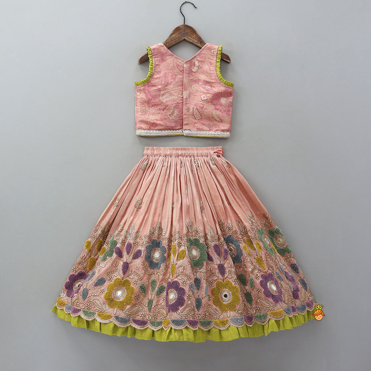 Pre Order: Pleated Armhole Elegant Top And Shimmery Lehenga With Matching Net Dupatta