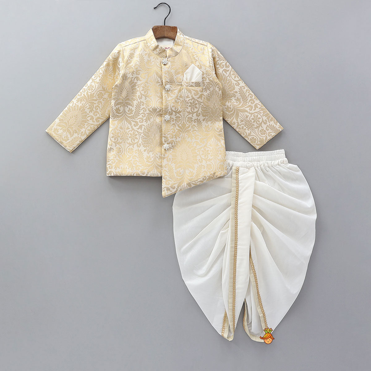 Pre Order: Brocade Asymmetric Sherwani And Dhoti