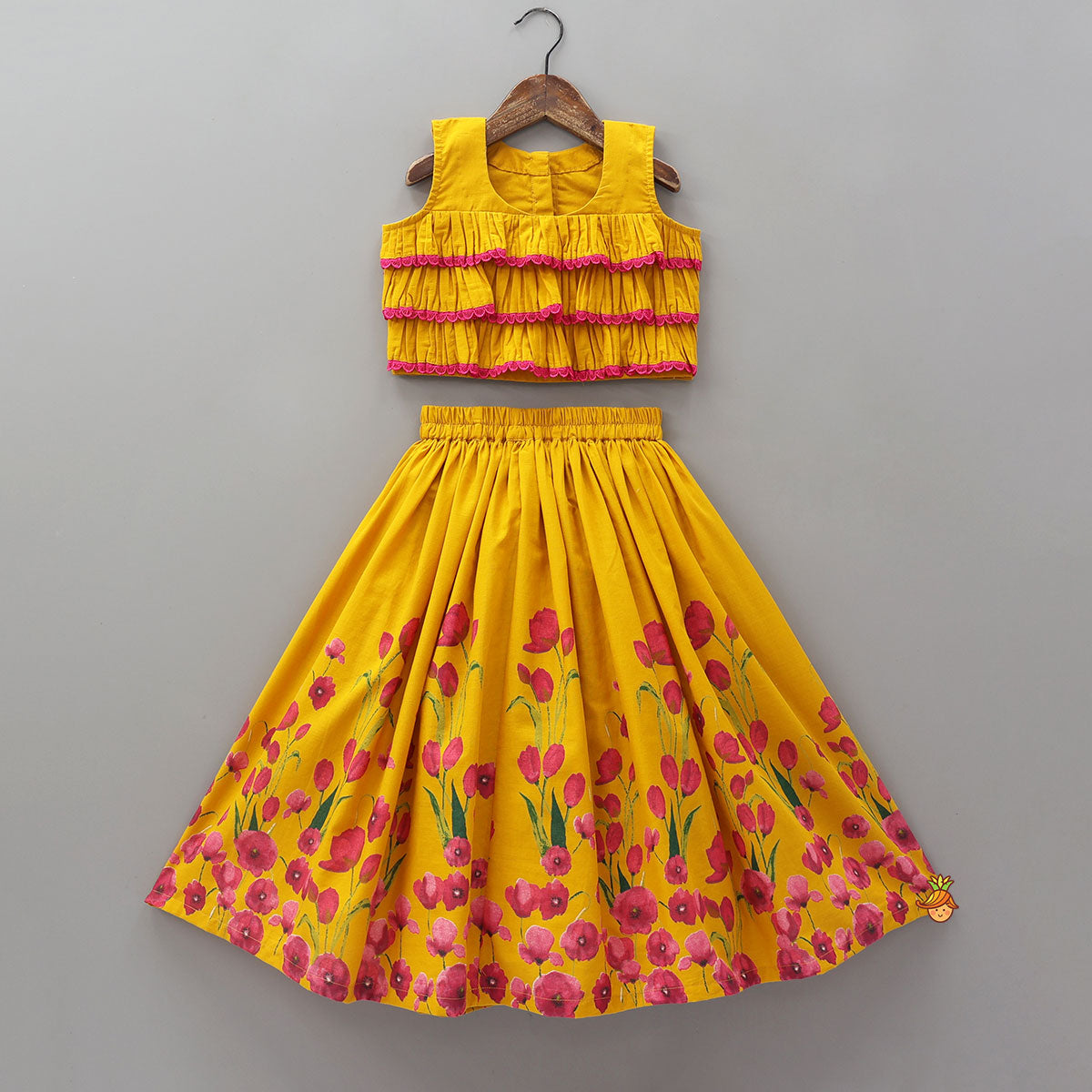 Stylish Tiered Ruffle Crop Top With Floral Print Lehenga