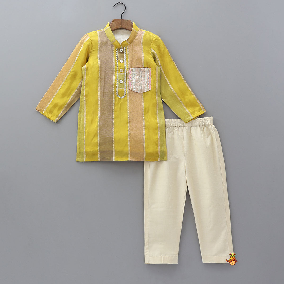 Pre Order: Shimmer Lace Detailed Contrast Striped Kurta With Pyjama