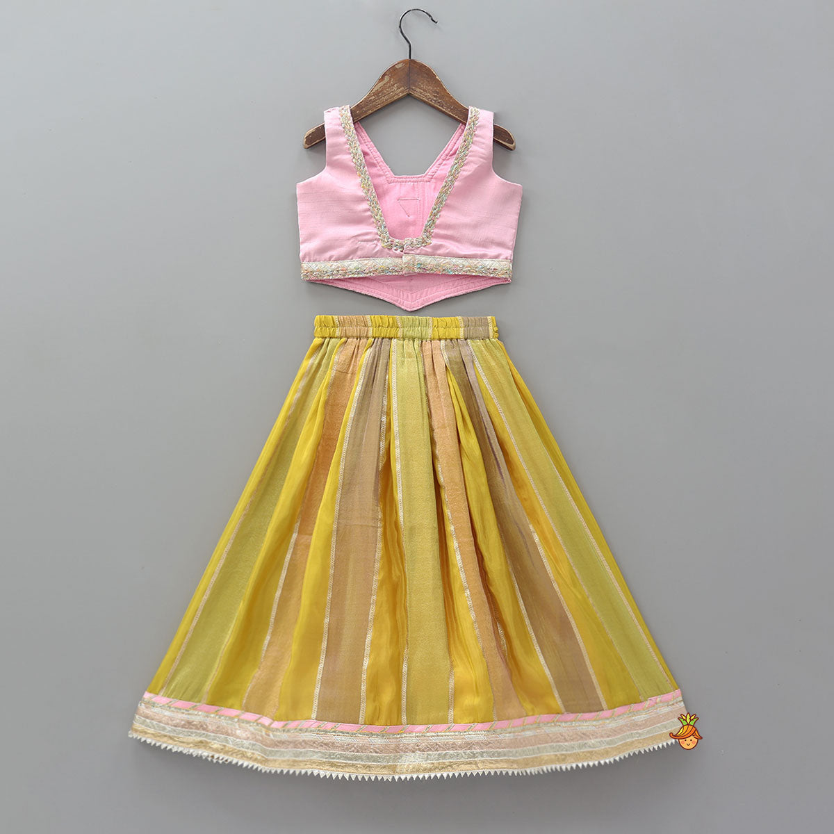 Pre Order: Mirror Embellished Lace Detailed Top And Lehenga With Heart Shaped Bag