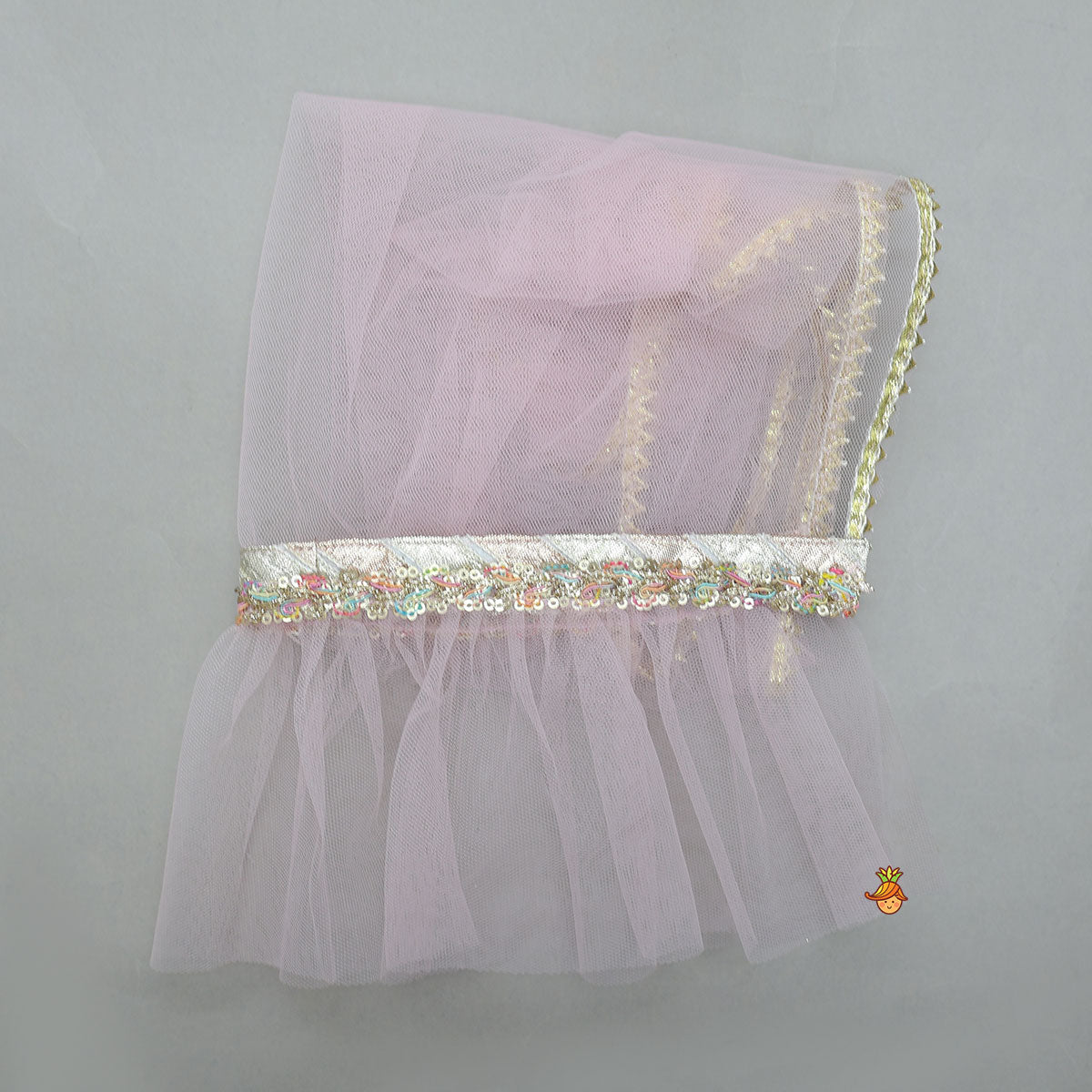 Pre Order: Mirror Embellished Lace Detailed Top And Lehenga With Heart Shaped Bag