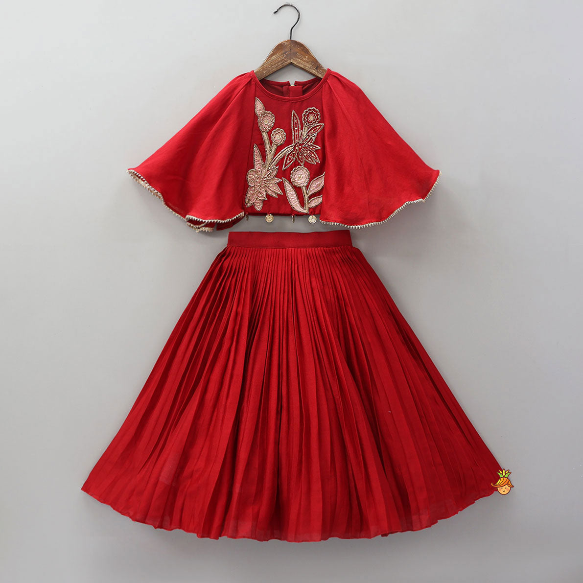 Pre Order: Cape Style Hand Embroidered Top And Pleated Lehenga