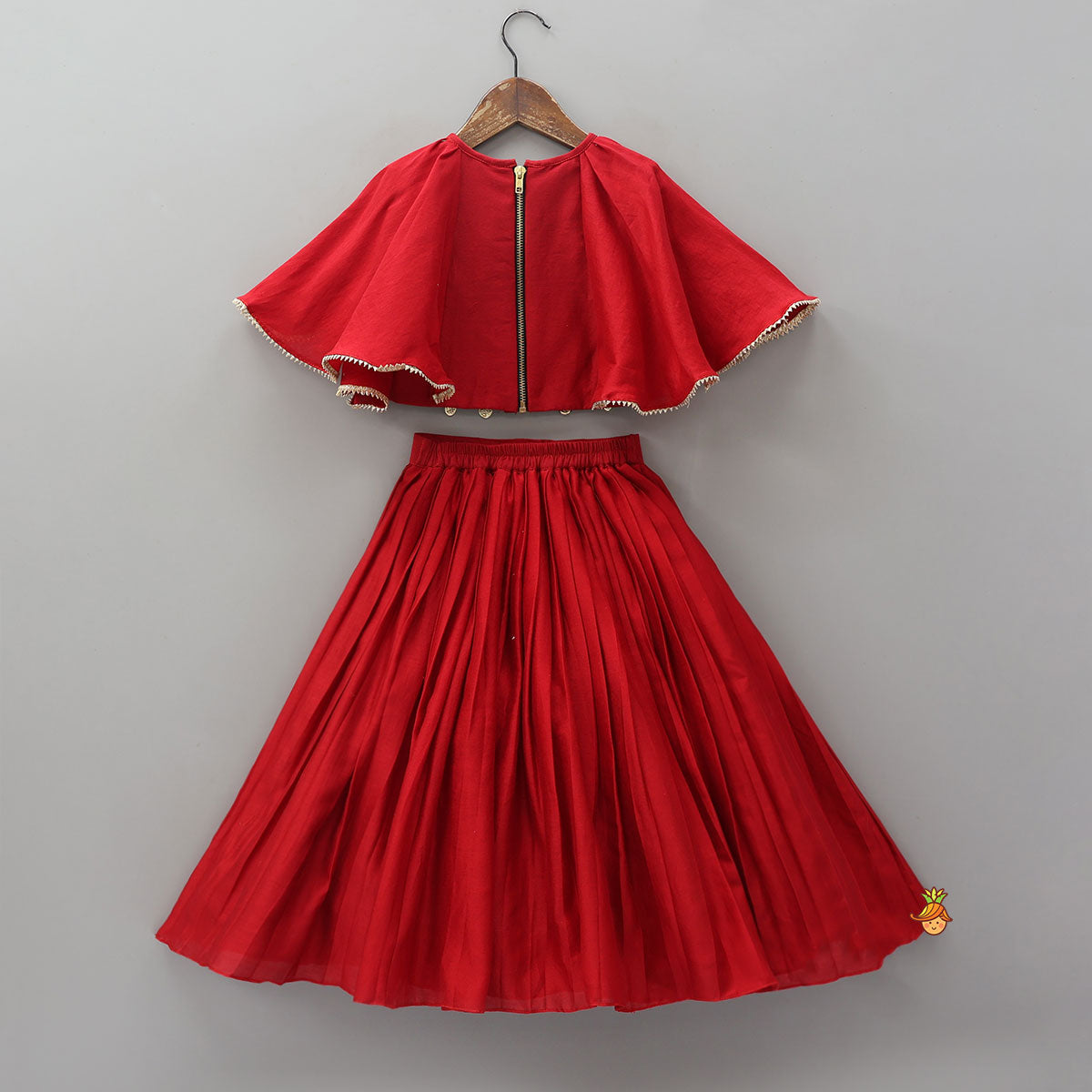 Pre Order: Cape Style Hand Embroidered Top And Pleated Lehenga