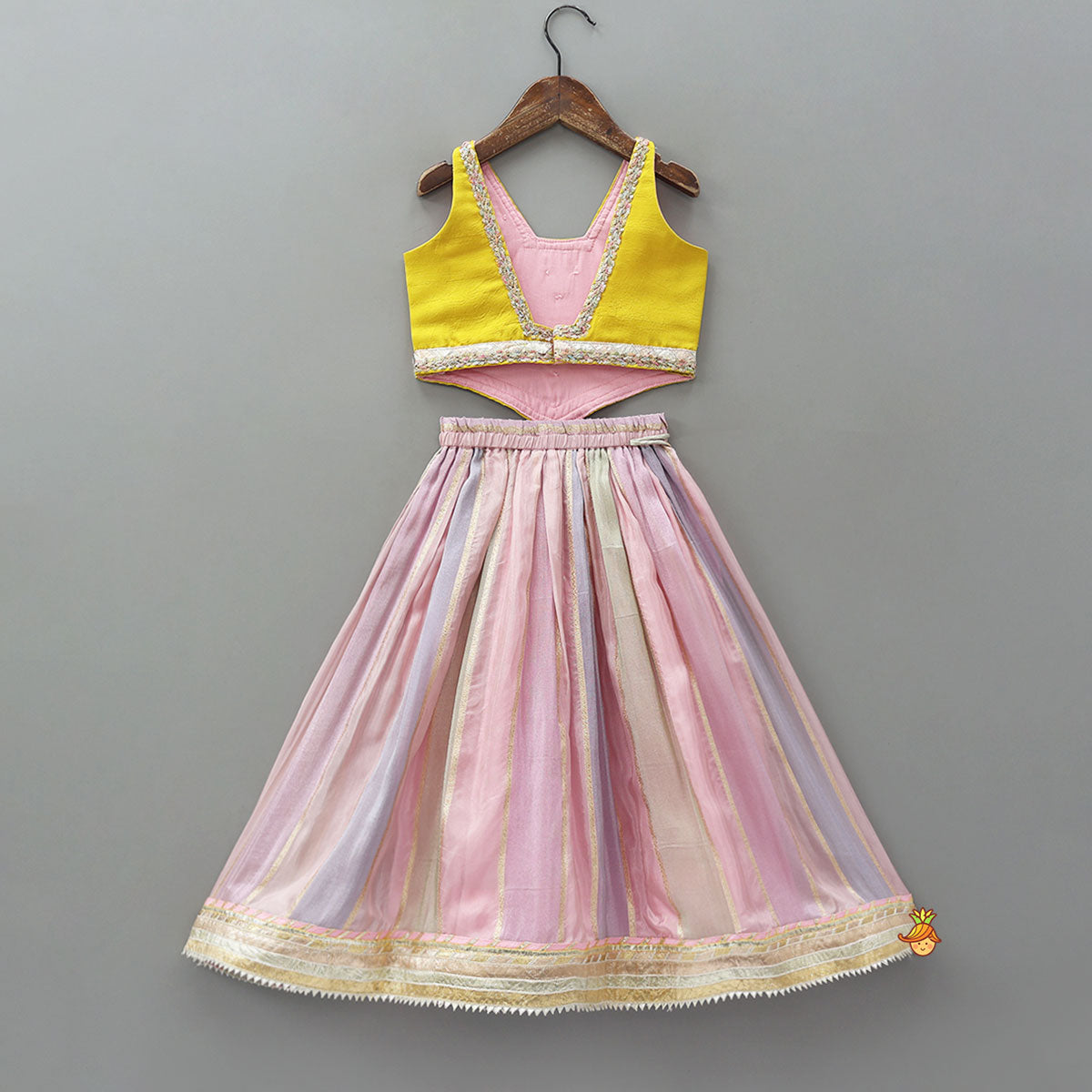 Pre Order: Mirror Work Top And Shimmery Lehenga With Detachable Dupatta And Heart Shaped Bag