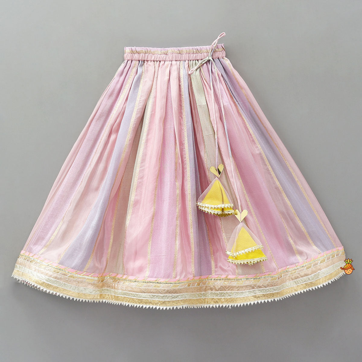 Pre Order: Mirror Work Top And Shimmery Lehenga With Detachable Dupatta And Heart Shaped Bag