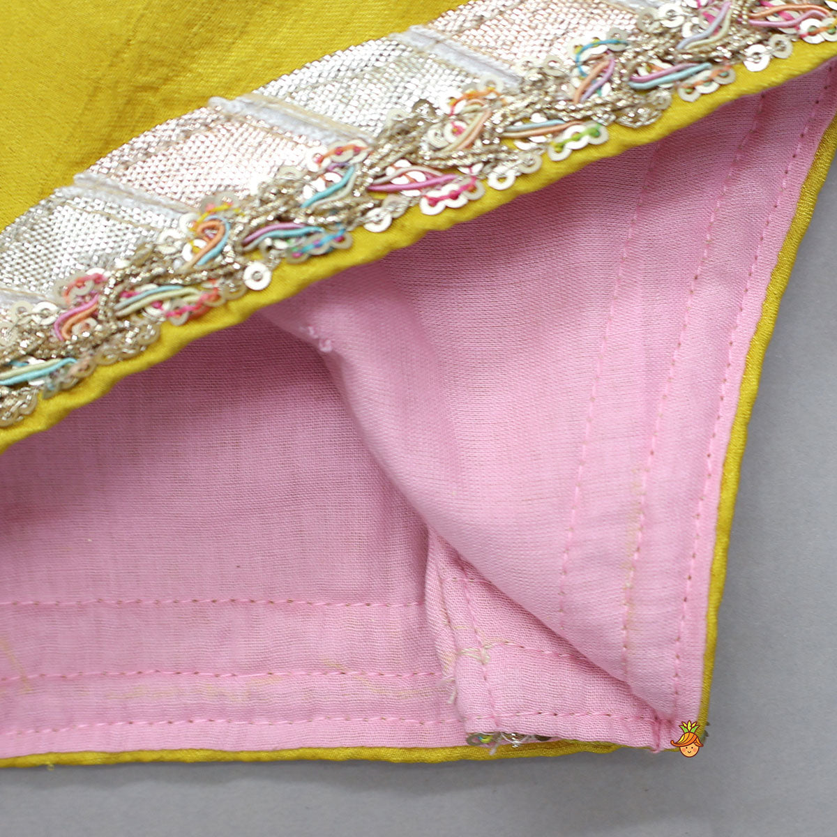 Pre Order: Mirror Work Top And Shimmery Lehenga With Detachable Dupatta And Heart Shaped Bag