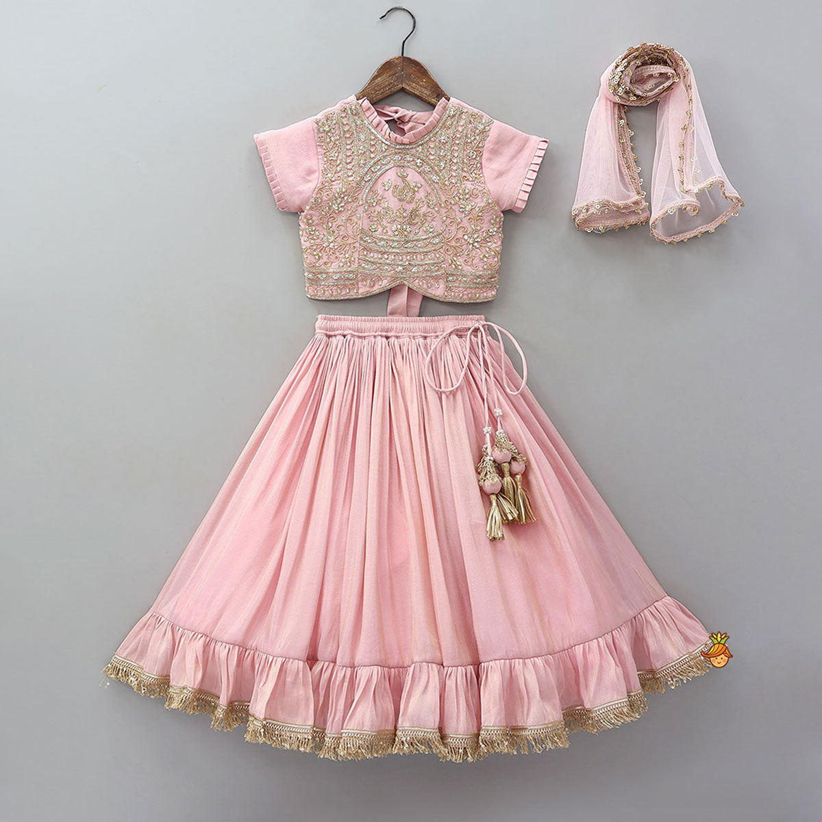 Pre Order: Triple Knot Detail Shimmery Top And Lehenga With Net Dupatta