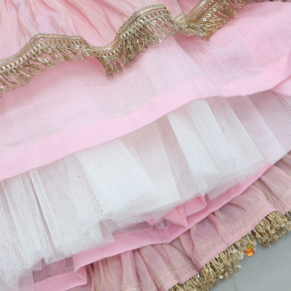 Pre Order: Triple Knot Detail Shimmery Top And Lehenga With Net Dupatta