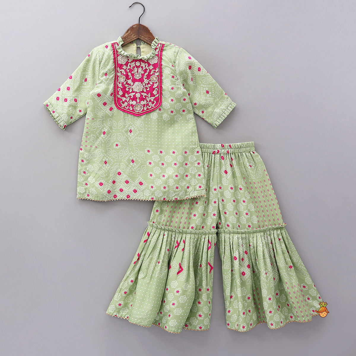 Pre Order: Contrasting Embroidered Yoke Kurti And Sharara