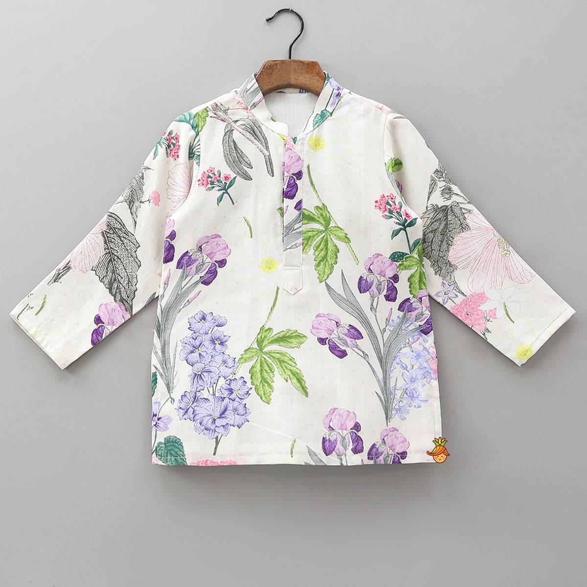 Pre Order: Printed Kurta With Checked Detailed Jacket And Pyjama