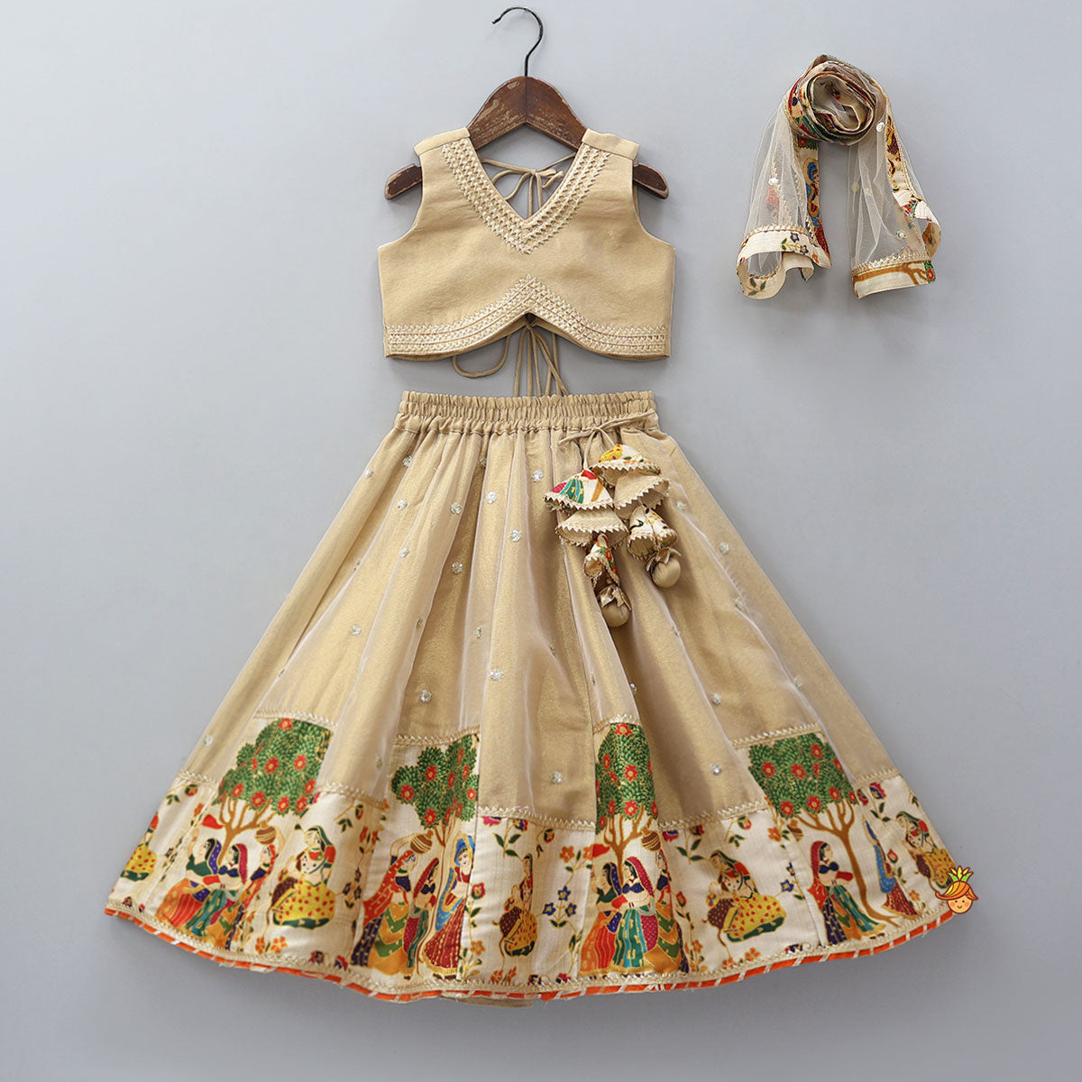 Pre Order: Shimmery V-Neck Crop Top With Printed Lehenga And Matching Dupatta