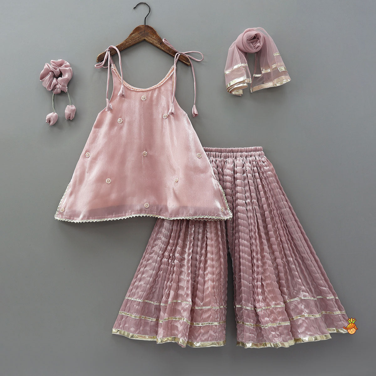 Pre Order: Sleeveless Sheen Kurti And Crushed Fabric Palazzo With Dupatta And Hair Tie