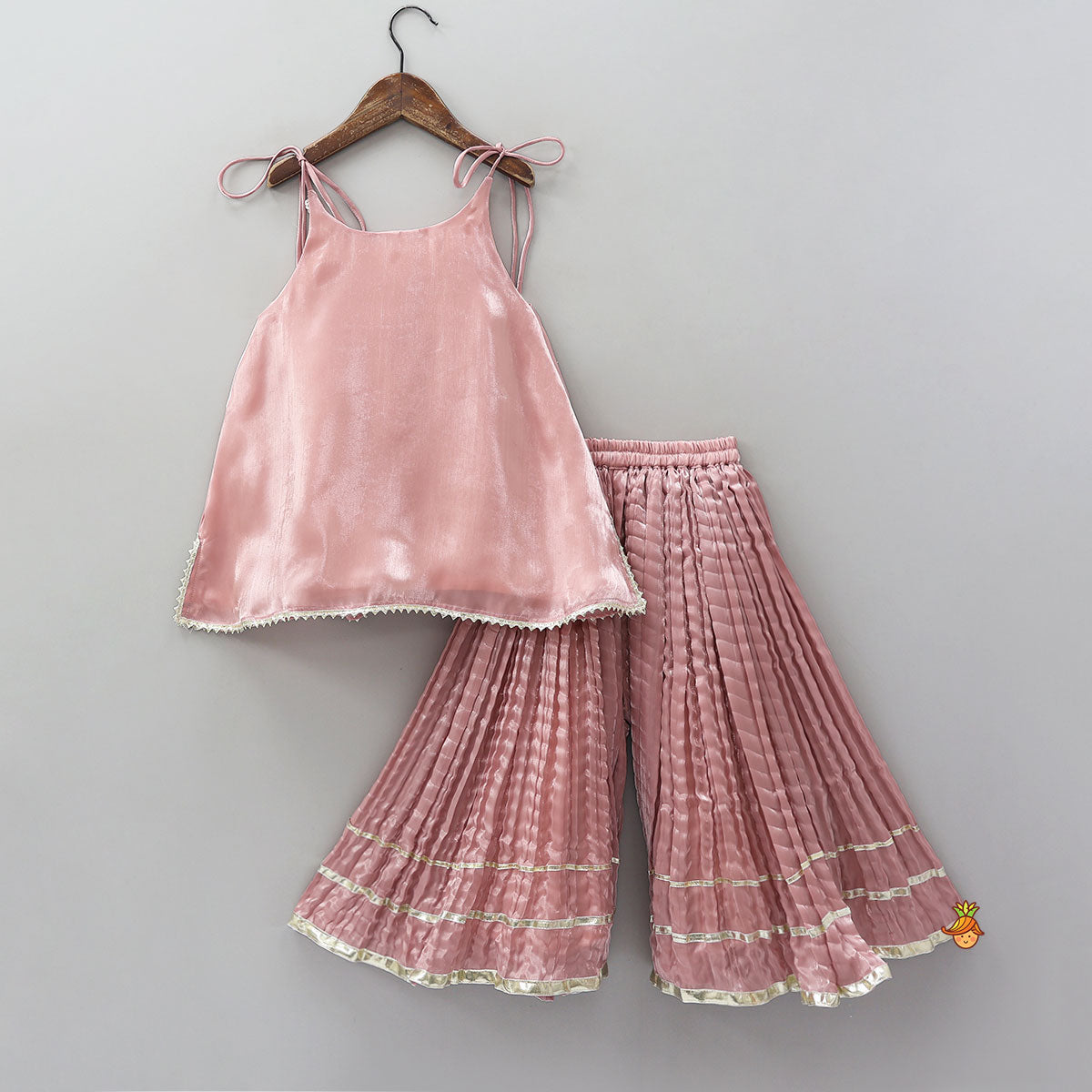 Pre Order: Sleeveless Sheen Kurti And Crushed Fabric Palazzo With Dupatta And Hair Tie