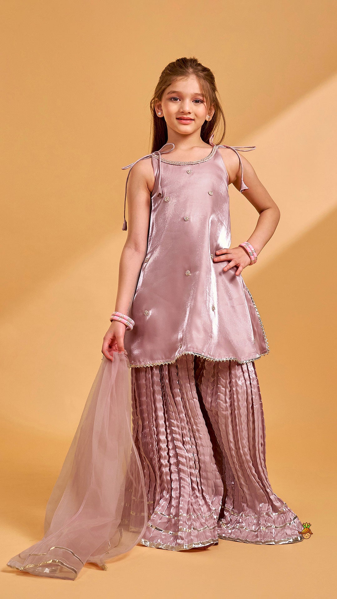 Pre Order: Sleeveless Sheen Kurti And Crushed Fabric Palazzo With Dupatta And Hair Tie