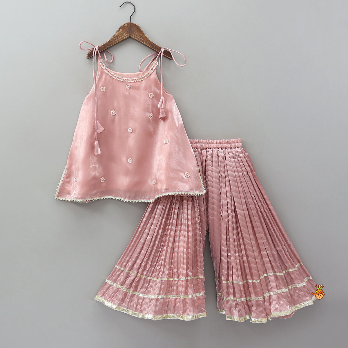 Pre Order: Sleeveless Sheen Kurti And Crushed Fabric Palazzo With Dupatta And Hair Tie