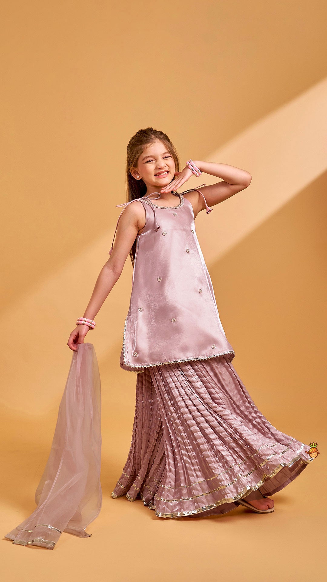 Pre Order: Sleeveless Sheen Kurti And Crushed Fabric Palazzo With Dupatta And Hair Tie