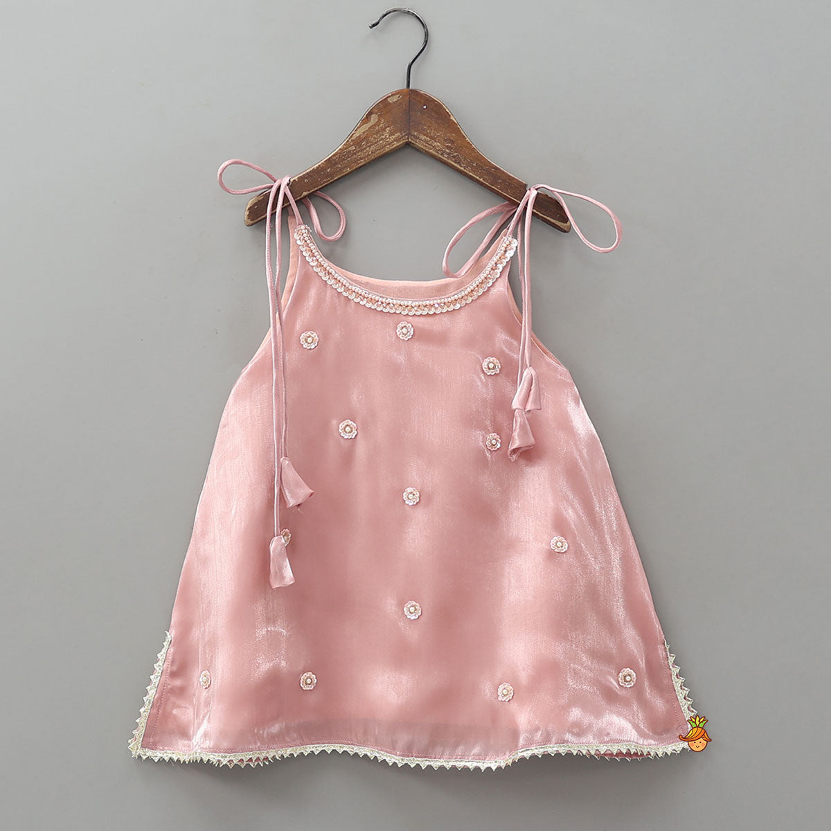 Pre Order: Sleeveless Sheen Kurti And Crushed Fabric Palazzo With Dupatta And Hair Tie