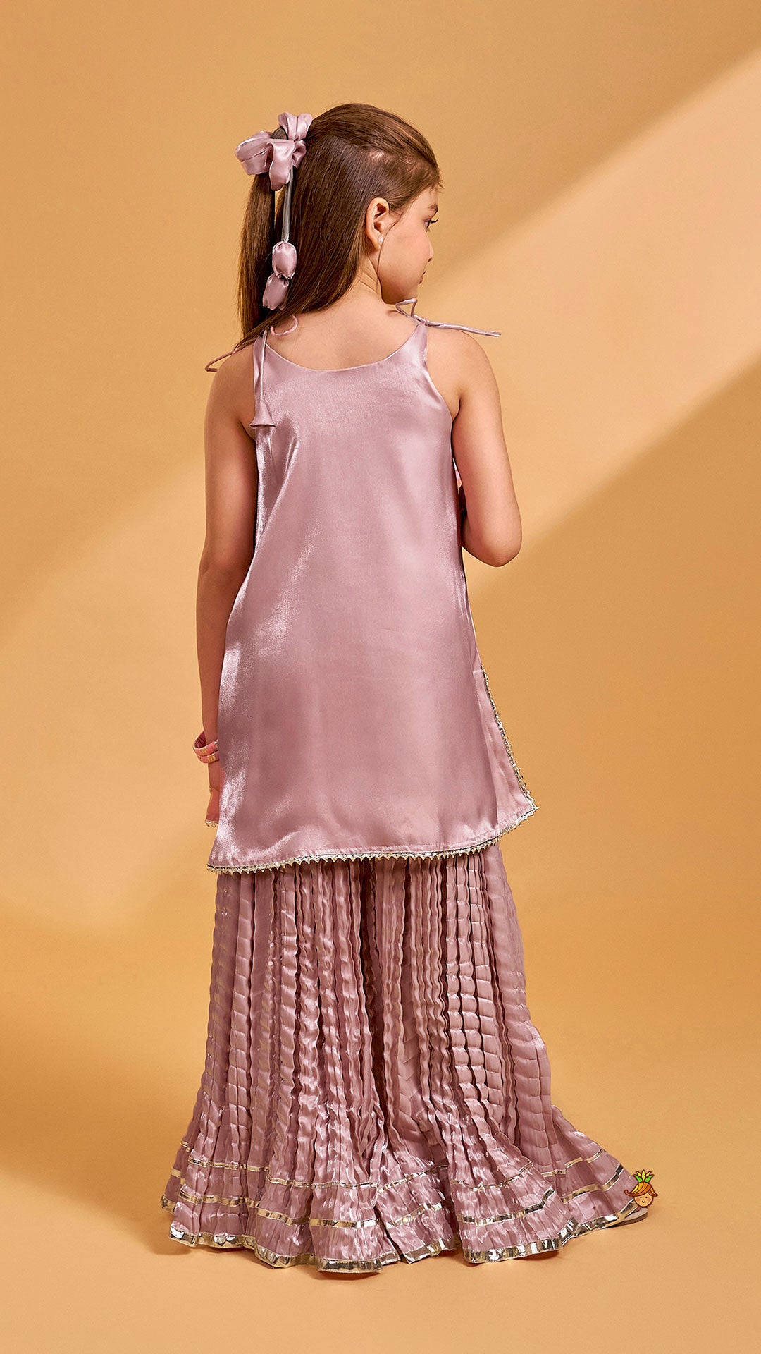 Pre Order: Sleeveless Sheen Kurti And Crushed Fabric Palazzo With Dupatta And Hair Tie