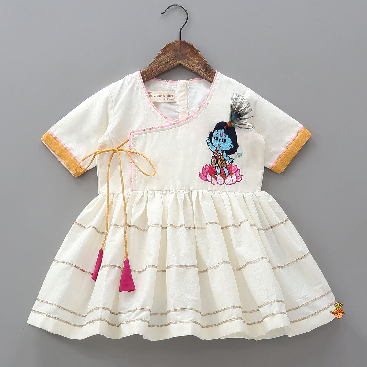 Krishna Embroidered Angarkha Top With Lace Work Dhoti And Mukut