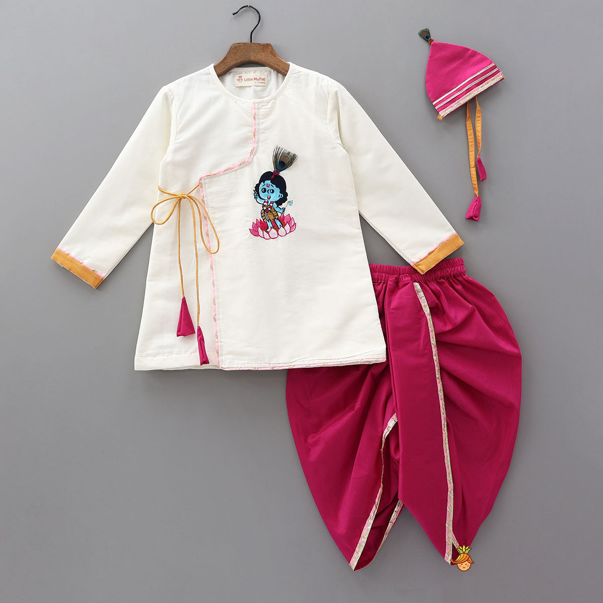 Krishna Motif Embroidered Angarkha Style Kurta With Lace Work Dhoti And Mukut