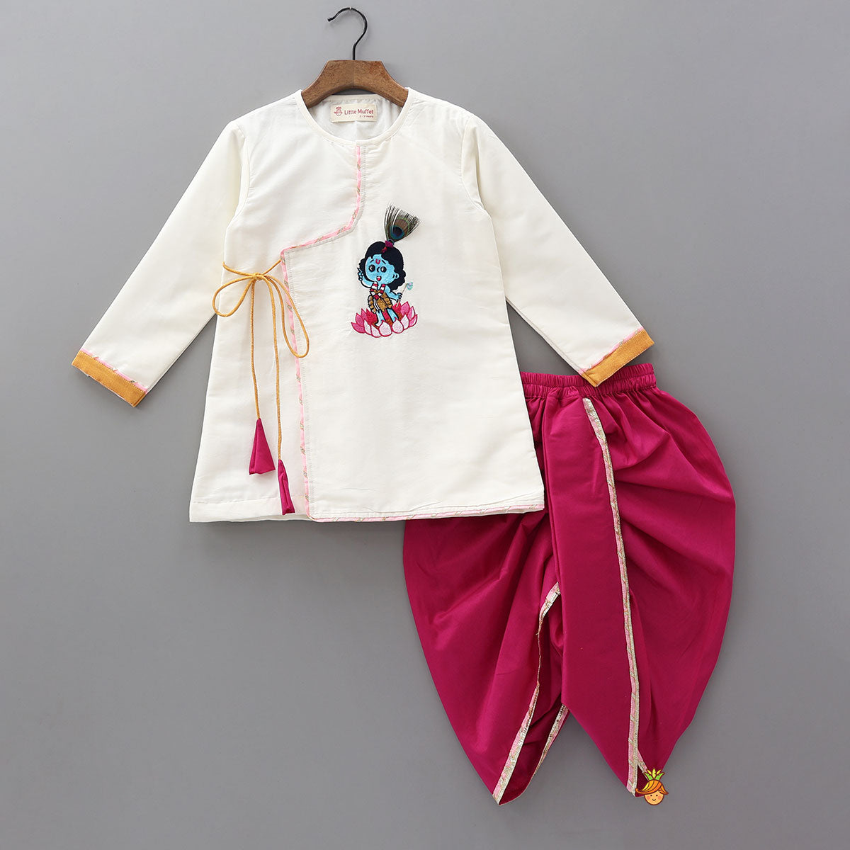 Krishna Motif Embroidered Angarkha Style Kurta With Lace Work Dhoti And Mukut