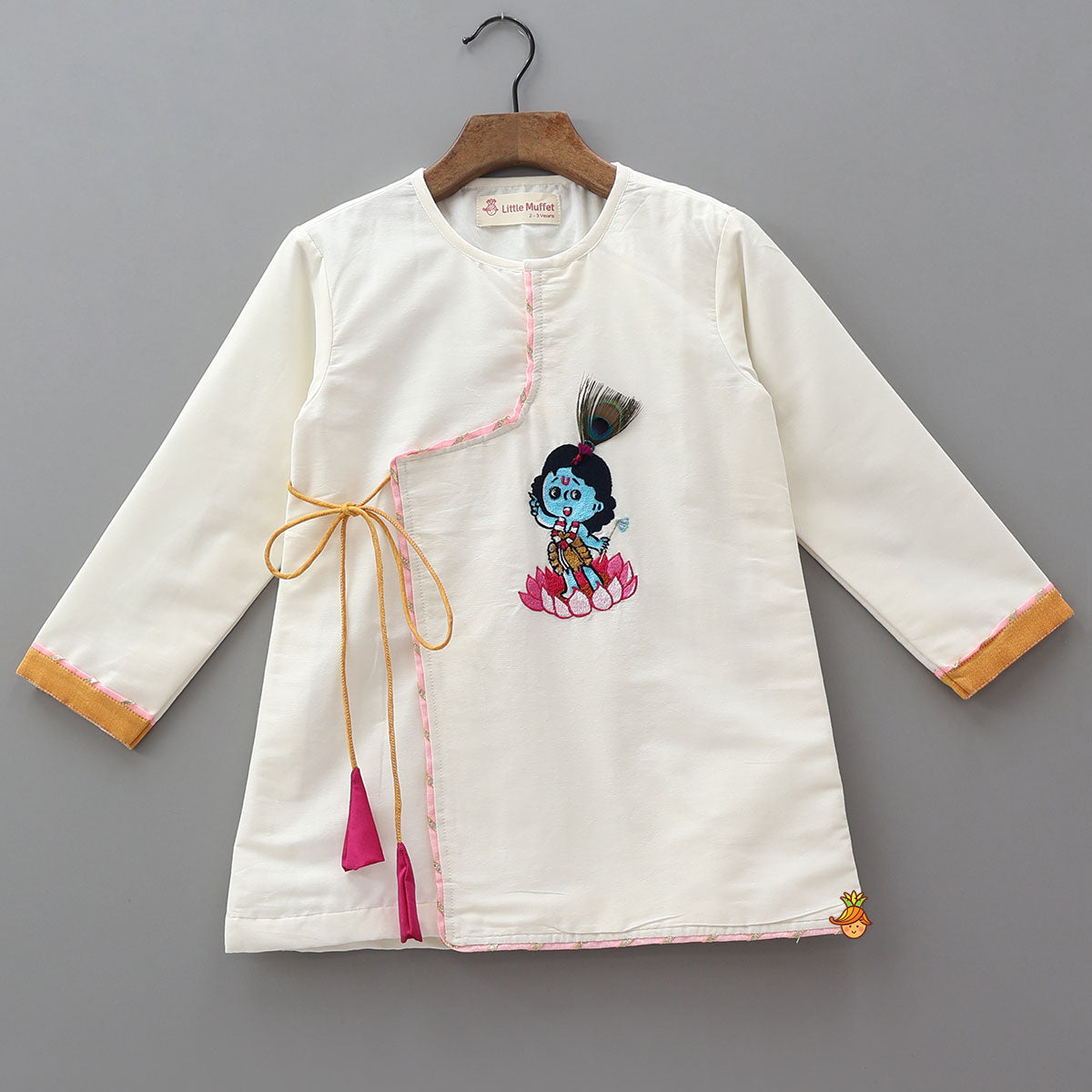 Krishna Motif Embroidered Angarkha Style Kurta With Lace Work Dhoti And Mukut
