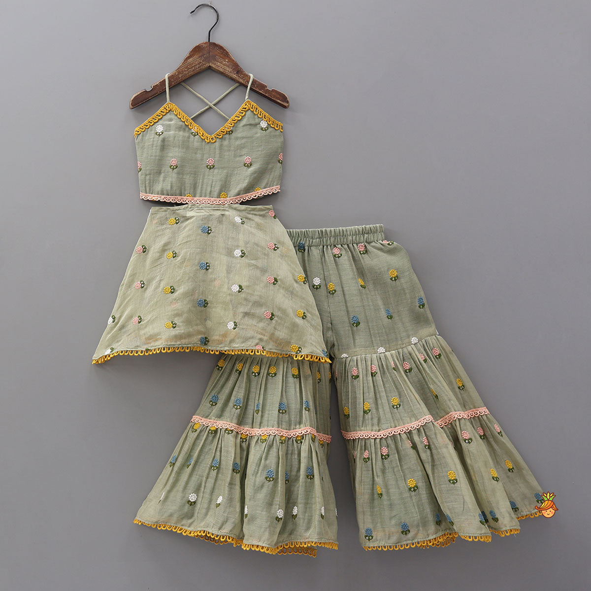 Floral Embroidered Stylish Backless Kurti With Sharara And Dupatta