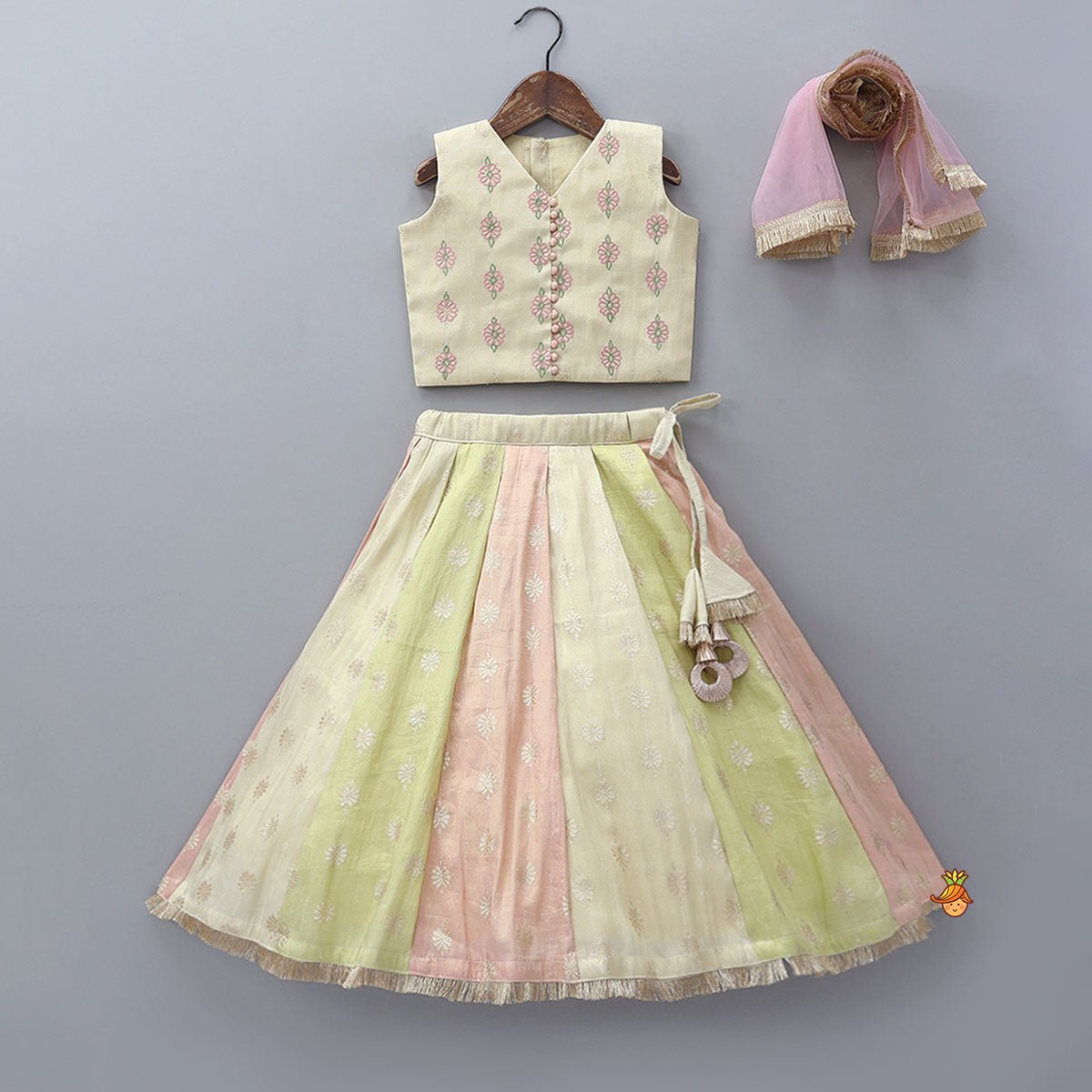 Pre Order: Potli Buttons Detail Shimmery Crop Top And Lehenga With Dupatta