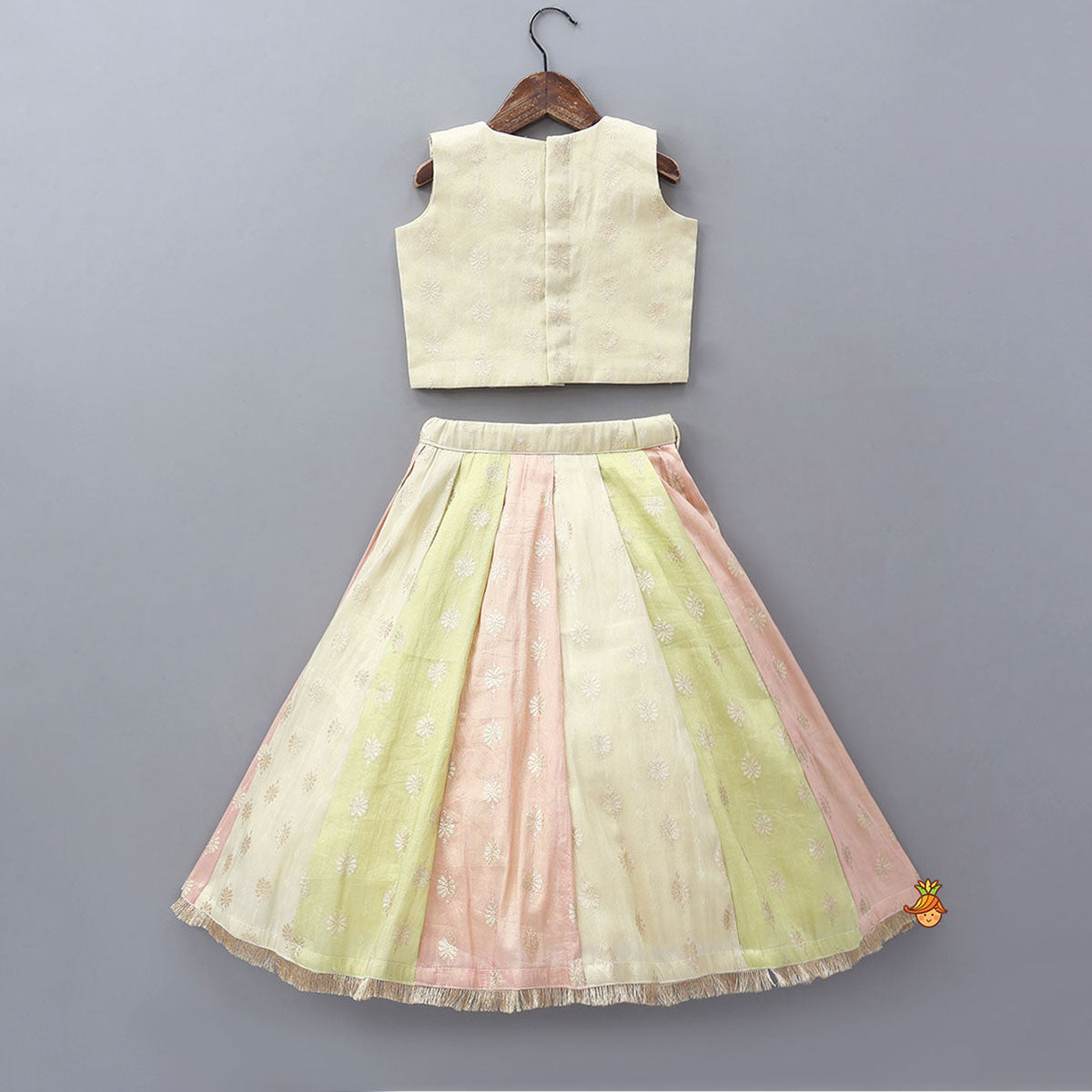 Pre Order: Potli Buttons Detail Shimmery Crop Top And Lehenga With Dupatta